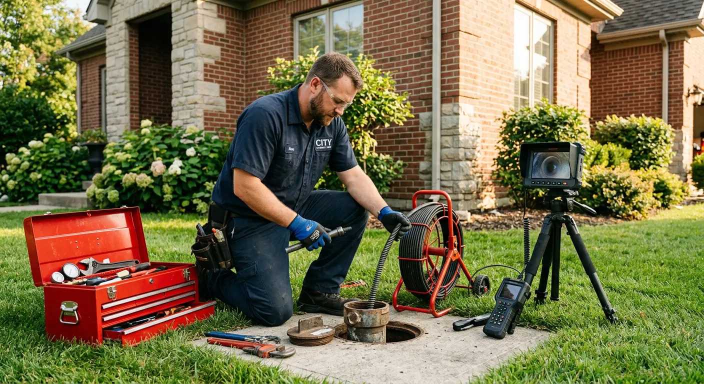 Sewer specialist with camera equipment servicing a cleanout in Stayton