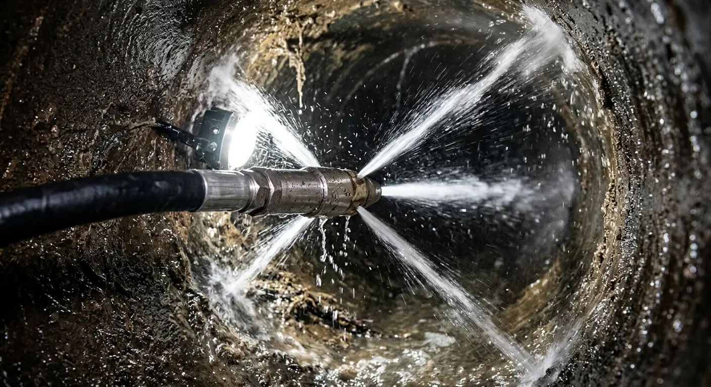 High-pressure hydro jetting nozzle cleaning sewer pipe for Trenchless Sewer Repair in Stayton