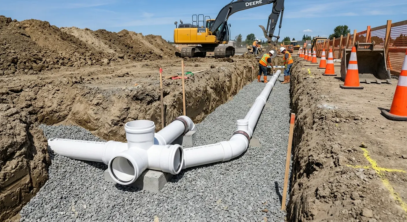 New PVC sewer pipe installation in open trench for Commercial Drain Cleaning in Stayton