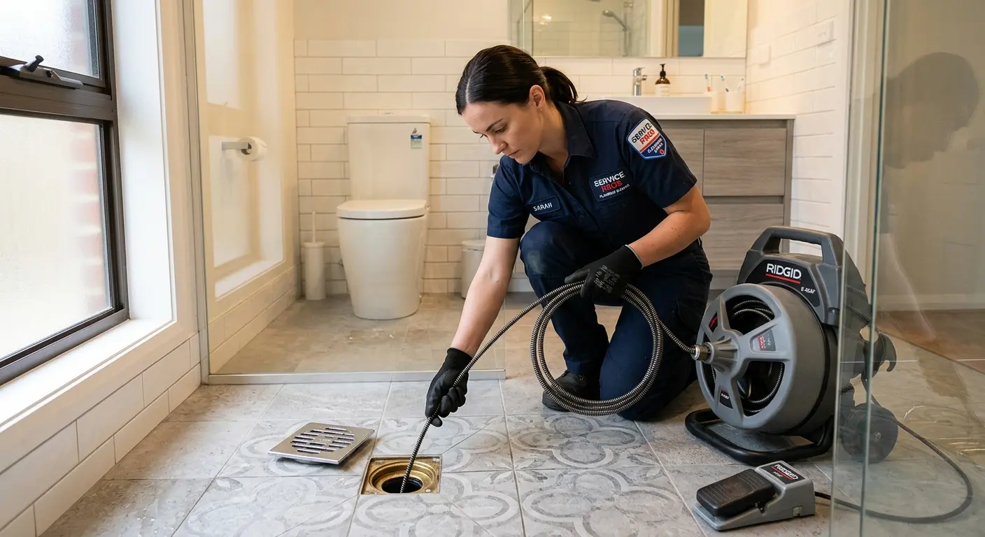 Technician clearing a bathroom floor drain for Clogged Drain Repair in Stayton